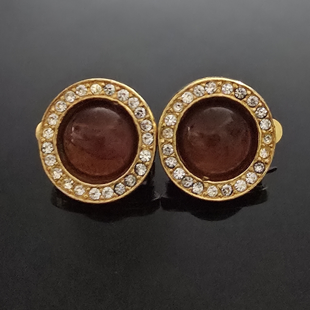 VTG, Chanel, 1984 Gold Tone Round Rhinestone Gripoix Glass Earrings, Deep Garnet